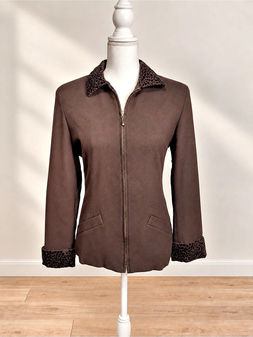 Vintage 90s Dark Brown Zip Jacket Animal Print Trim Tailored Jacket Wool Rayon